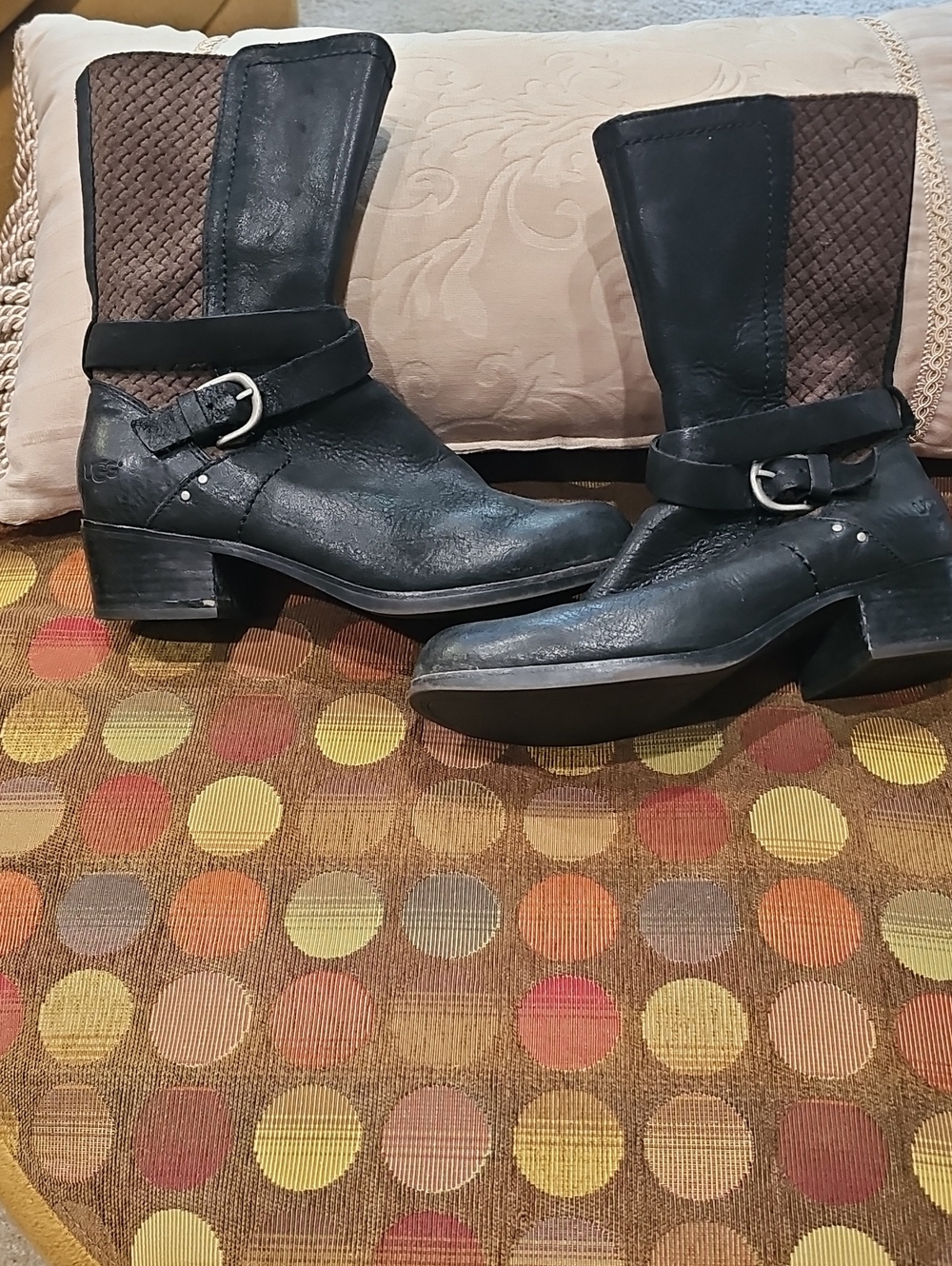 UGG Black & Brown Mid-Calf Buckle Heeled Boots